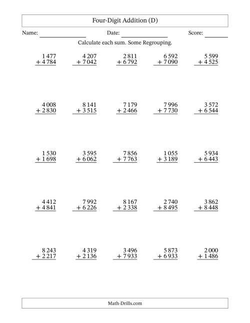 The Four-Digit Addition With Some Regrouping – 25 Questions – Space Separated Thousands (D) Math Worksheet