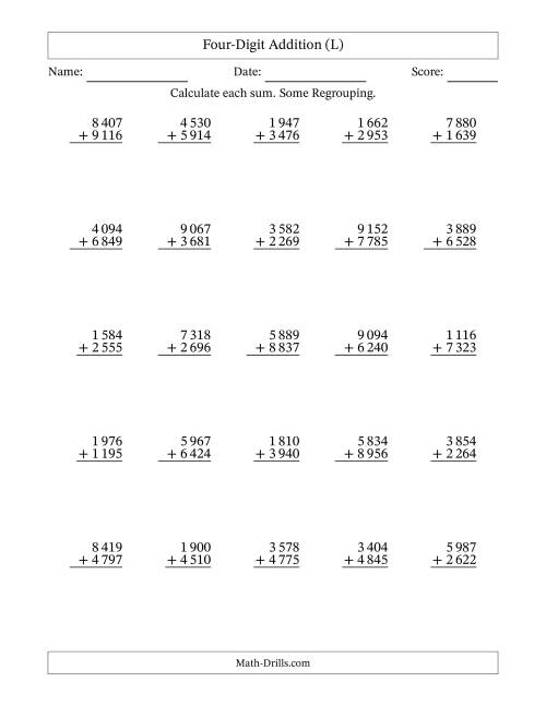 The Four-Digit Addition With Some Regrouping – 25 Questions – Space Separated Thousands (L) Math Worksheet