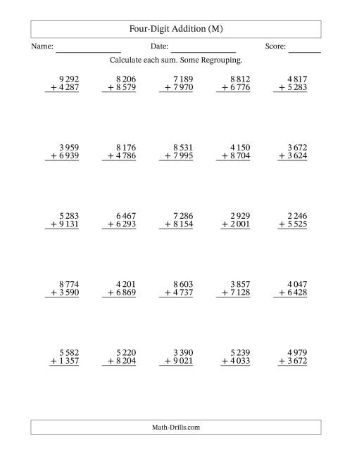 The Four-Digit Addition With Some Regrouping – 25 Questions – Space Separated Thousands (M) Math Worksheet