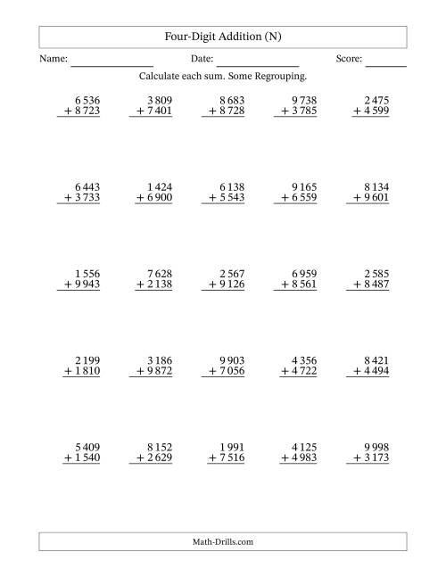 The Four-Digit Addition With Some Regrouping – 25 Questions – Space Separated Thousands (N) Math Worksheet