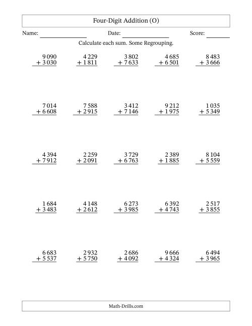 The Four-Digit Addition With Some Regrouping – 25 Questions – Space Separated Thousands (O) Math Worksheet