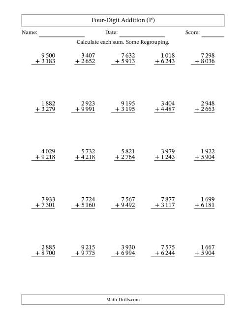 The Four-Digit Addition With Some Regrouping – 25 Questions – Space Separated Thousands (P) Math Worksheet