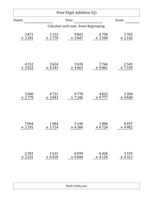 The Four-Digit Addition With Some Regrouping – 25 Questions – Space Separated Thousands (Q) Math Worksheet