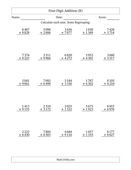 The Four-Digit Addition With Some Regrouping – 25 Questions – Space Separated Thousands (R) Math Worksheet