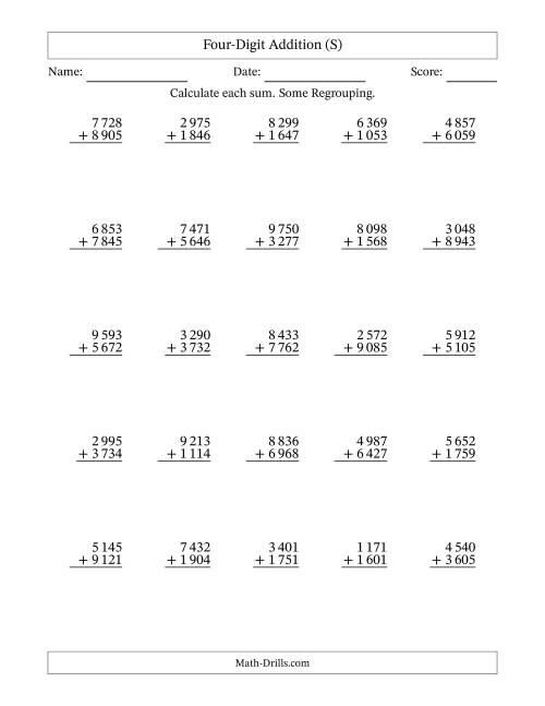 The Four-Digit Addition With Some Regrouping – 25 Questions – Space Separated Thousands (S) Math Worksheet