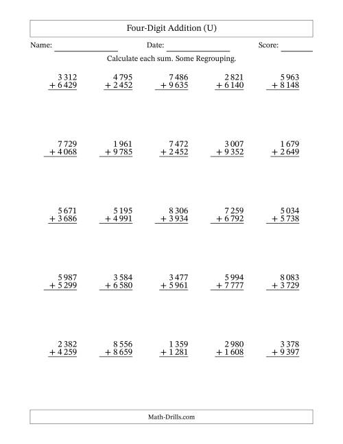 The Four-Digit Addition With Some Regrouping – 25 Questions – Space Separated Thousands (U) Math Worksheet