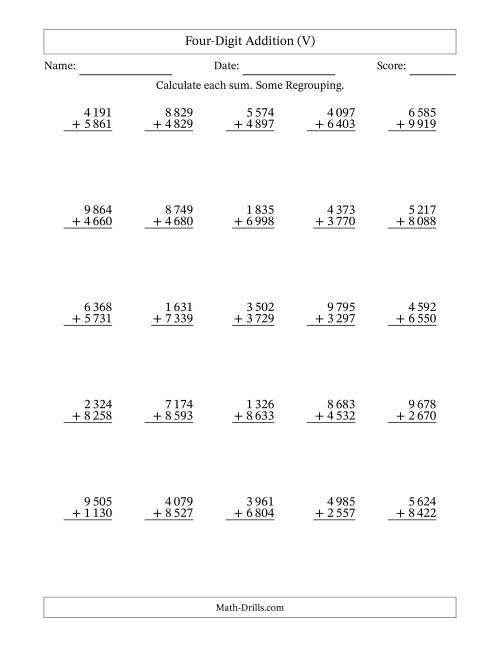 The Four-Digit Addition With Some Regrouping – 25 Questions – Space Separated Thousands (V) Math Worksheet