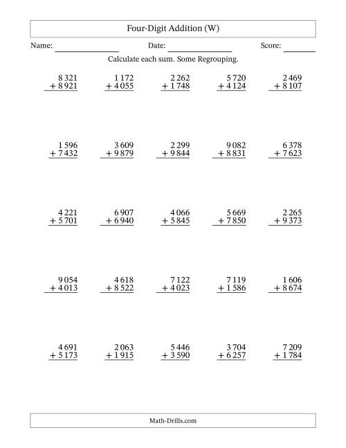 The Four-Digit Addition With Some Regrouping – 25 Questions – Space Separated Thousands (W) Math Worksheet