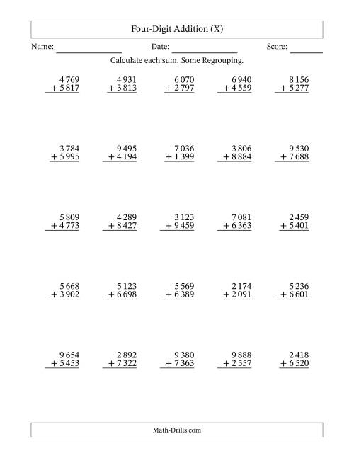 The Four-Digit Addition With Some Regrouping – 25 Questions – Space Separated Thousands (X) Math Worksheet