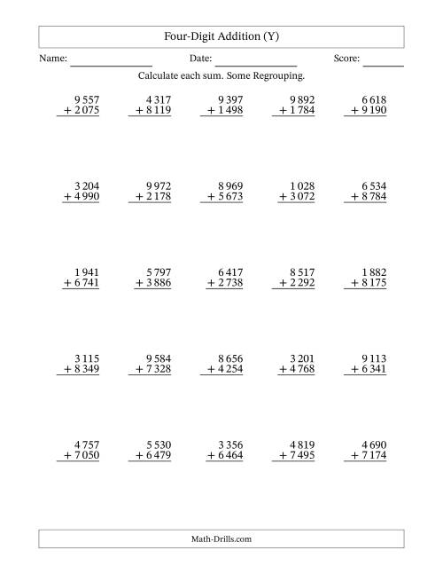The Four-Digit Addition With Some Regrouping – 25 Questions – Space Separated Thousands (Y) Math Worksheet
