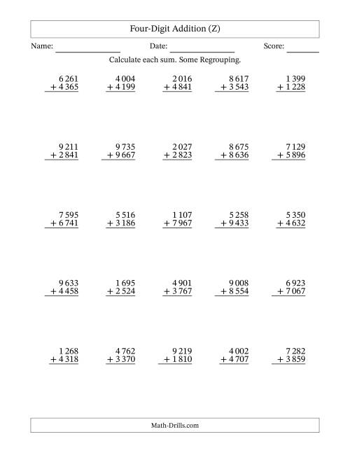The Four-Digit Addition With Some Regrouping – 25 Questions – Space Separated Thousands (Z) Math Worksheet