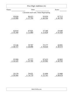 Five-Digit Addition With Some Regrouping – 20 Questions – Space Separated Thousands