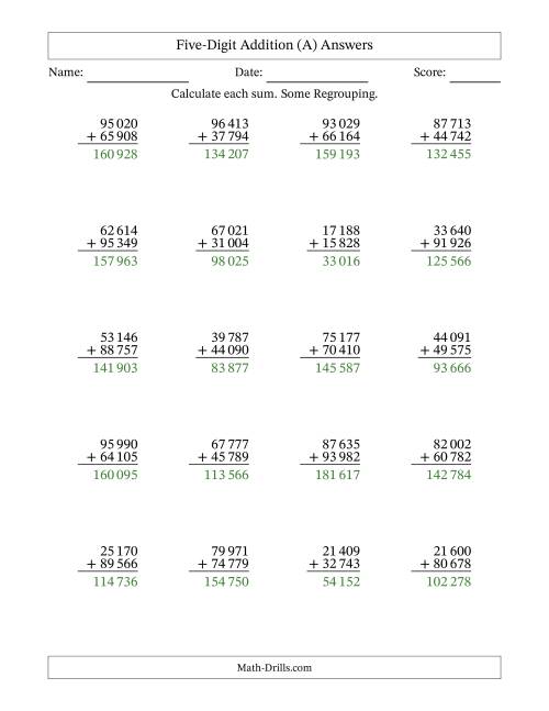 5-Digit Plus 5-Digit Addition with SOME Regrouping and Space-Separated ...