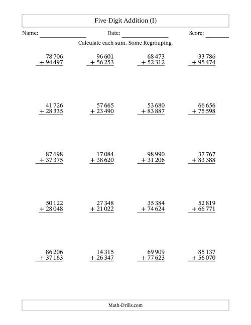 5-Digit Plus 5-Digit Addition with SOME Regrouping and Space-Separated ...