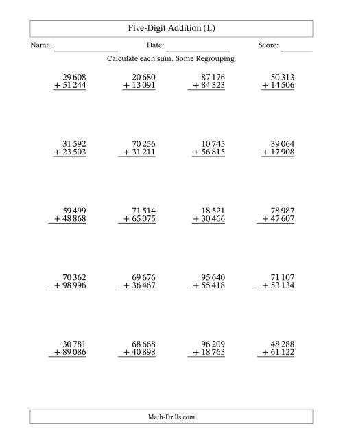 The Five-Digit Addition With Some Regrouping – 20 Questions – Space Separated Thousands (L) Math Worksheet