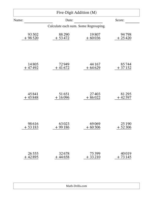 The Five-Digit Addition With Some Regrouping – 20 Questions – Space Separated Thousands (M) Math Worksheet