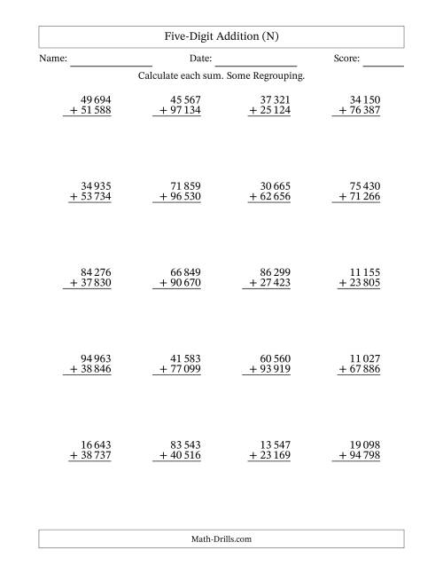 The Five-Digit Addition With Some Regrouping – 20 Questions – Space Separated Thousands (N) Math Worksheet