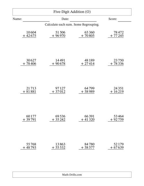The Five-Digit Addition With Some Regrouping – 20 Questions – Space Separated Thousands (O) Math Worksheet