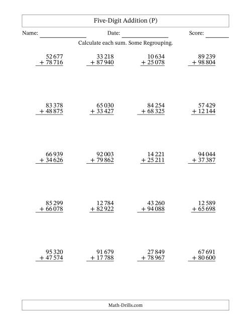 The Five-Digit Addition With Some Regrouping – 20 Questions – Space Separated Thousands (P) Math Worksheet