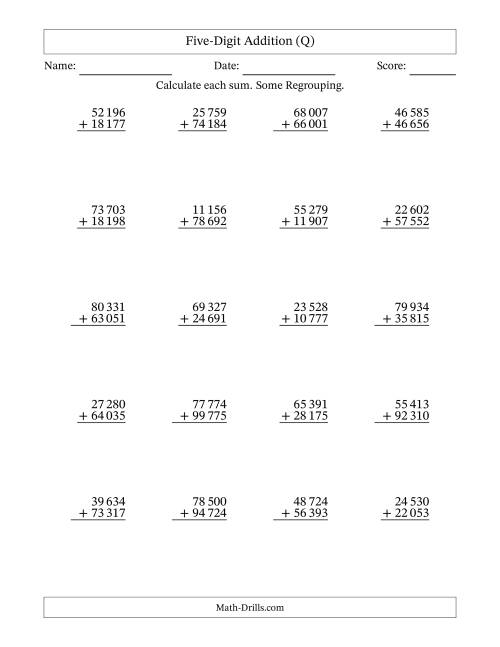 The Five-Digit Addition With Some Regrouping – 20 Questions – Space Separated Thousands (Q) Math Worksheet