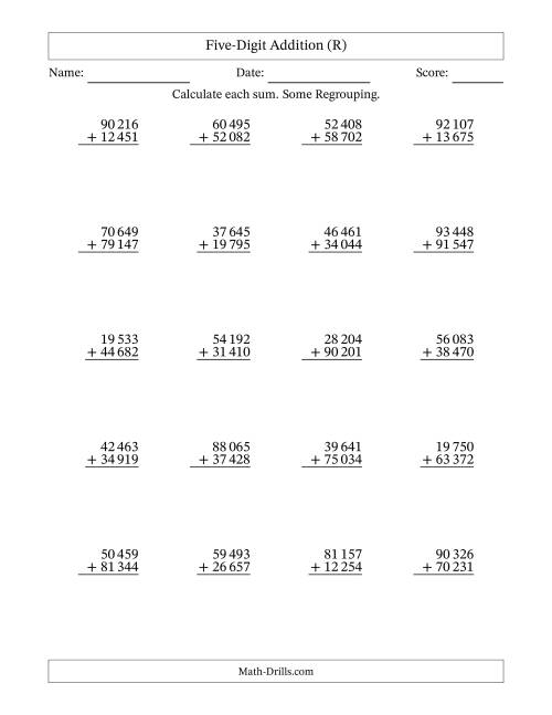 The Five-Digit Addition With Some Regrouping – 20 Questions – Space Separated Thousands (R) Math Worksheet