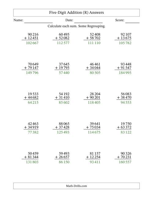 The Five-Digit Addition With Some Regrouping – 20 Questions – Space Separated Thousands (R) Math Worksheet Page 2
