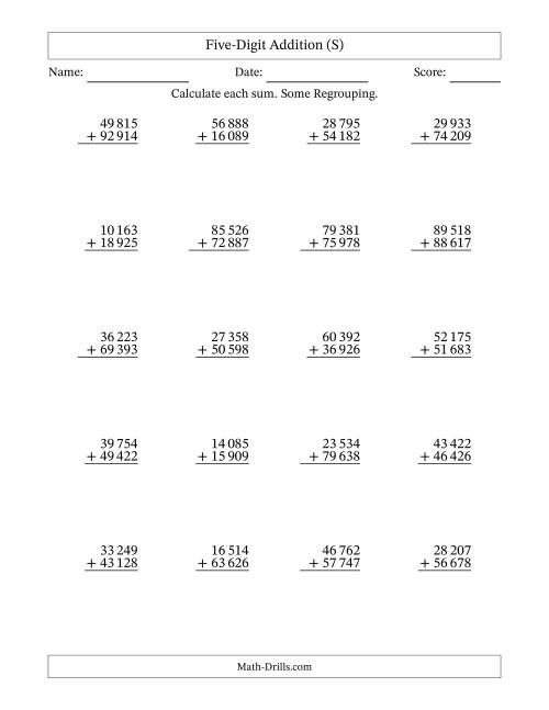 The Five-Digit Addition With Some Regrouping – 20 Questions – Space Separated Thousands (S) Math Worksheet