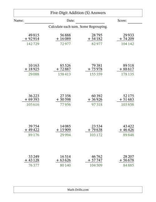 The Five-Digit Addition With Some Regrouping – 20 Questions – Space Separated Thousands (S) Math Worksheet Page 2