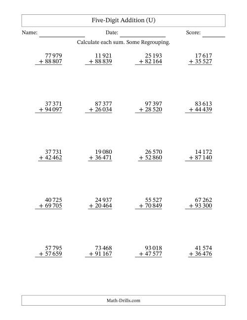 The Five-Digit Addition With Some Regrouping – 20 Questions – Space Separated Thousands (U) Math Worksheet