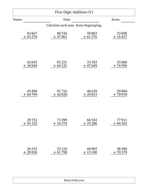 The Five-Digit Addition With Some Regrouping – 20 Questions – Space Separated Thousands (V) Math Worksheet