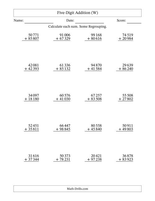 The Five-Digit Addition With Some Regrouping – 20 Questions – Space Separated Thousands (W) Math Worksheet