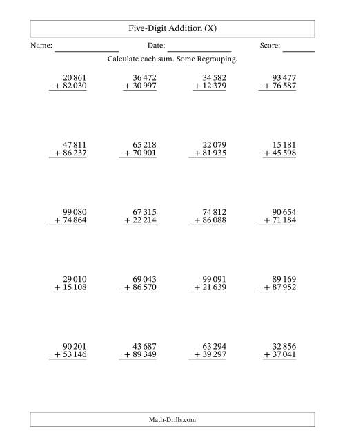 The Five-Digit Addition With Some Regrouping – 20 Questions – Space Separated Thousands (X) Math Worksheet