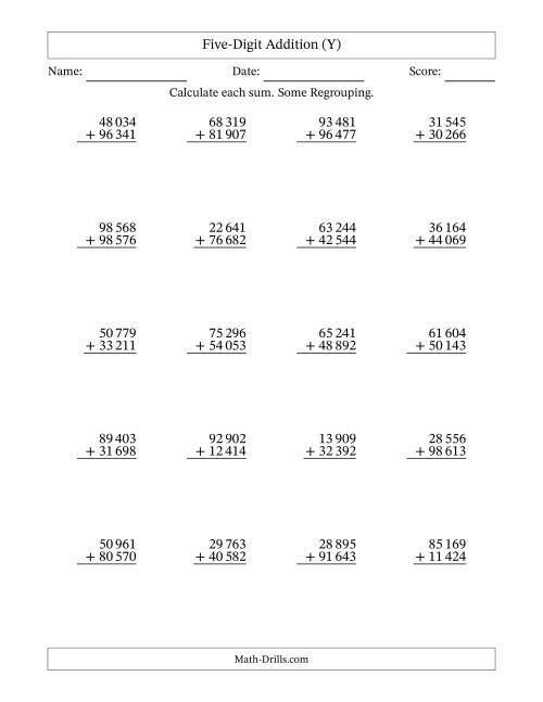 The Five-Digit Addition With Some Regrouping – 20 Questions – Space Separated Thousands (Y) Math Worksheet