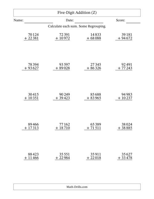 The Five-Digit Addition With Some Regrouping – 20 Questions – Space Separated Thousands (Z) Math Worksheet