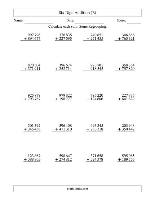The Six-Digit Addition With Some Regrouping – 20 Questions – Space Separated Thousands (B) Math Worksheet