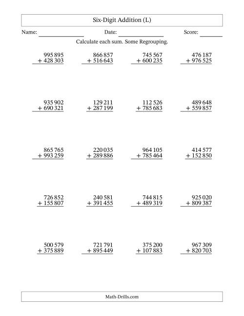 The Six-Digit Addition With Some Regrouping – 20 Questions – Space Separated Thousands (L) Math Worksheet