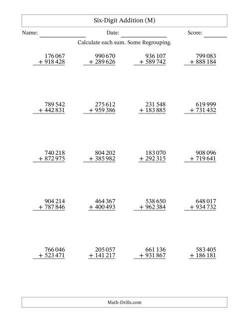 The Six-Digit Addition With Some Regrouping – 20 Questions – Space Separated Thousands (M) Math Worksheet