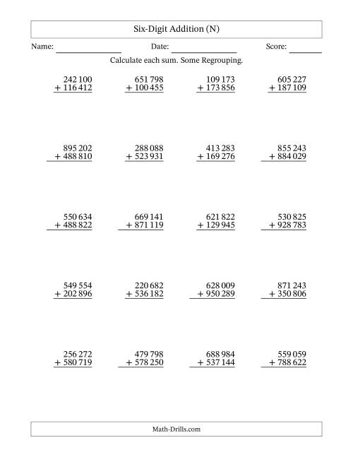 The Six-Digit Addition With Some Regrouping – 20 Questions – Space Separated Thousands (N) Math Worksheet