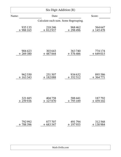The Six-Digit Addition With Some Regrouping – 20 Questions – Space Separated Thousands (R) Math Worksheet