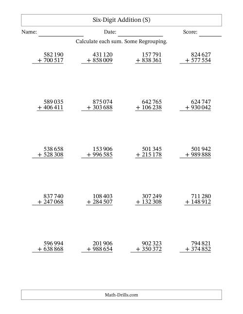 The Six-Digit Addition With Some Regrouping – 20 Questions – Space Separated Thousands (S) Math Worksheet