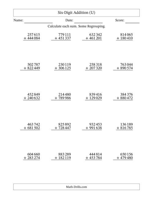 The Six-Digit Addition With Some Regrouping – 20 Questions – Space Separated Thousands (U) Math Worksheet