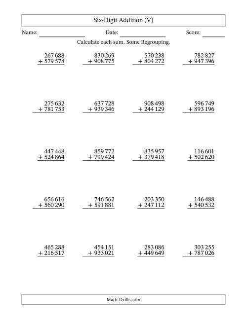 The Six-Digit Addition With Some Regrouping – 20 Questions – Space Separated Thousands (V) Math Worksheet