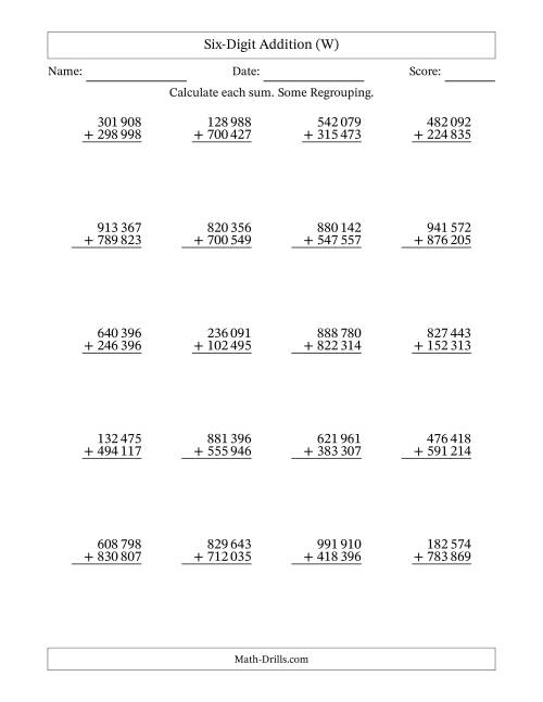 The Six-Digit Addition With Some Regrouping – 20 Questions – Space Separated Thousands (W) Math Worksheet