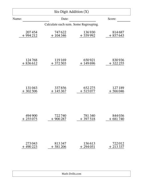 The Six-Digit Addition With Some Regrouping – 20 Questions – Space Separated Thousands (X) Math Worksheet