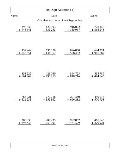The Six-Digit Addition With Some Regrouping – 20 Questions – Space Separated Thousands (Y) Math Worksheet
