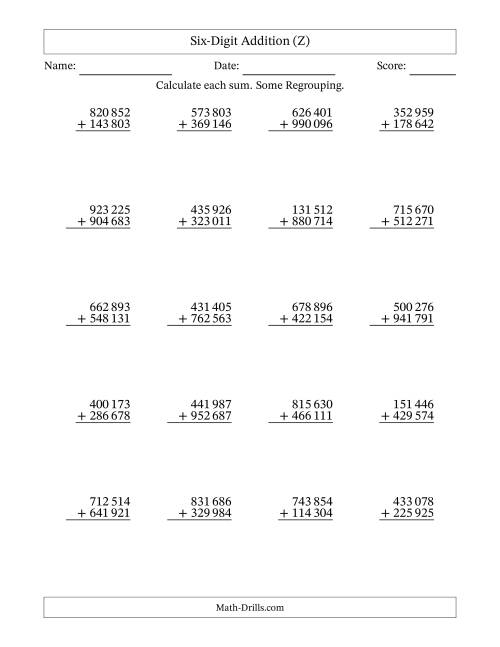 The Six-Digit Addition With Some Regrouping – 20 Questions – Space Separated Thousands (Z) Math Worksheet