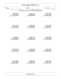 Seven-Digit Addition With Some Regrouping – 15 Questions – Space Separated Thousands