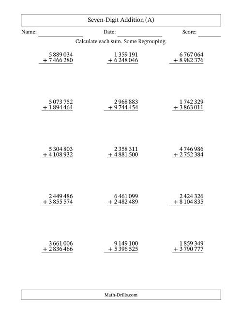 The Seven-Digit Addition With Some Regrouping – 15 Questions – Space Separated Thousands (A) Math Worksheet