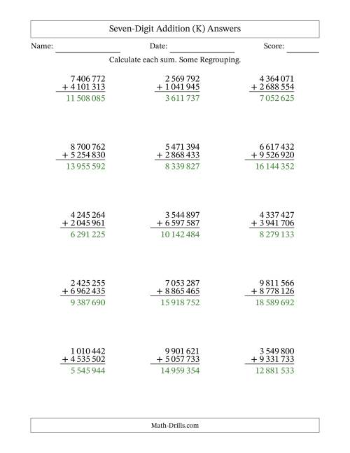 The Seven-Digit Addition With Some Regrouping – 15 Questions – Space Separated Thousands (K) Math Worksheet Page 2