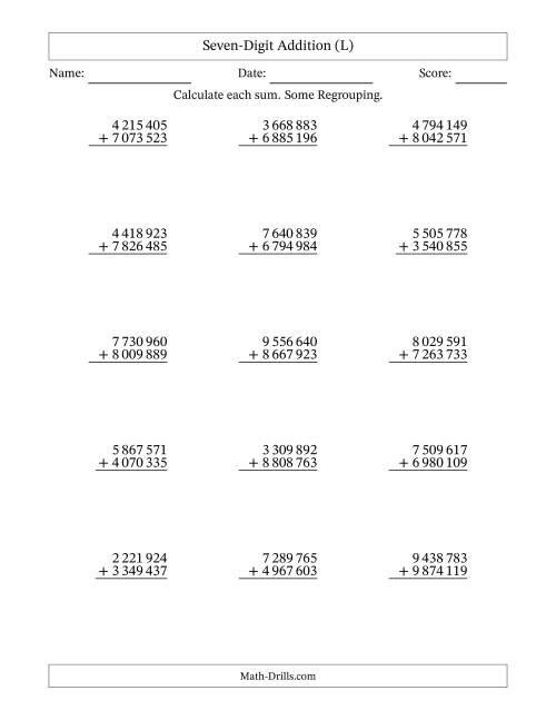 The Seven-Digit Addition With Some Regrouping – 15 Questions – Space Separated Thousands (L) Math Worksheet
